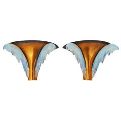Pair of French Art Deco Wall Sconces by Ezan Opalescent Glass and Copper