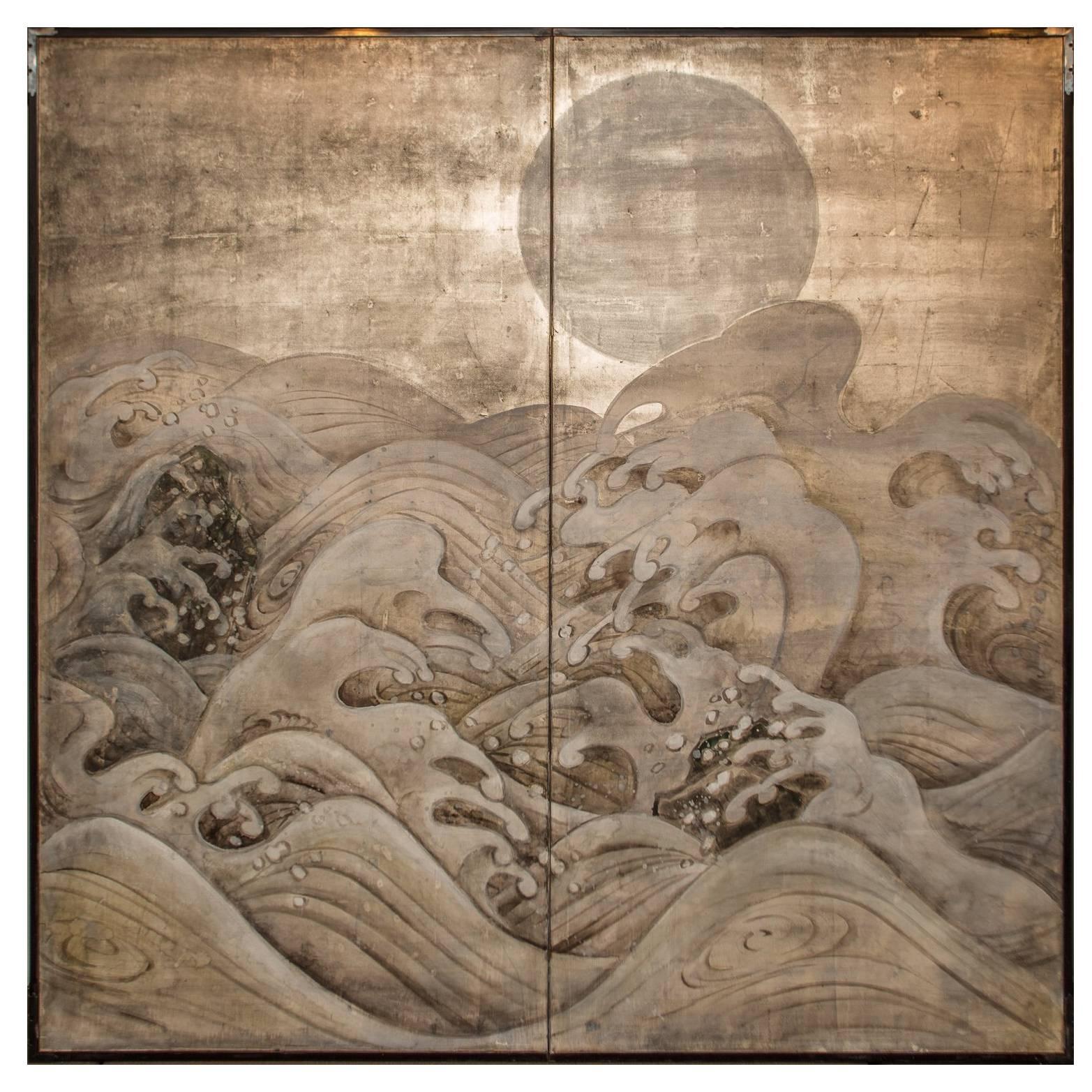 Japanese Two-Panel Screen, Wave and Moon on Silver