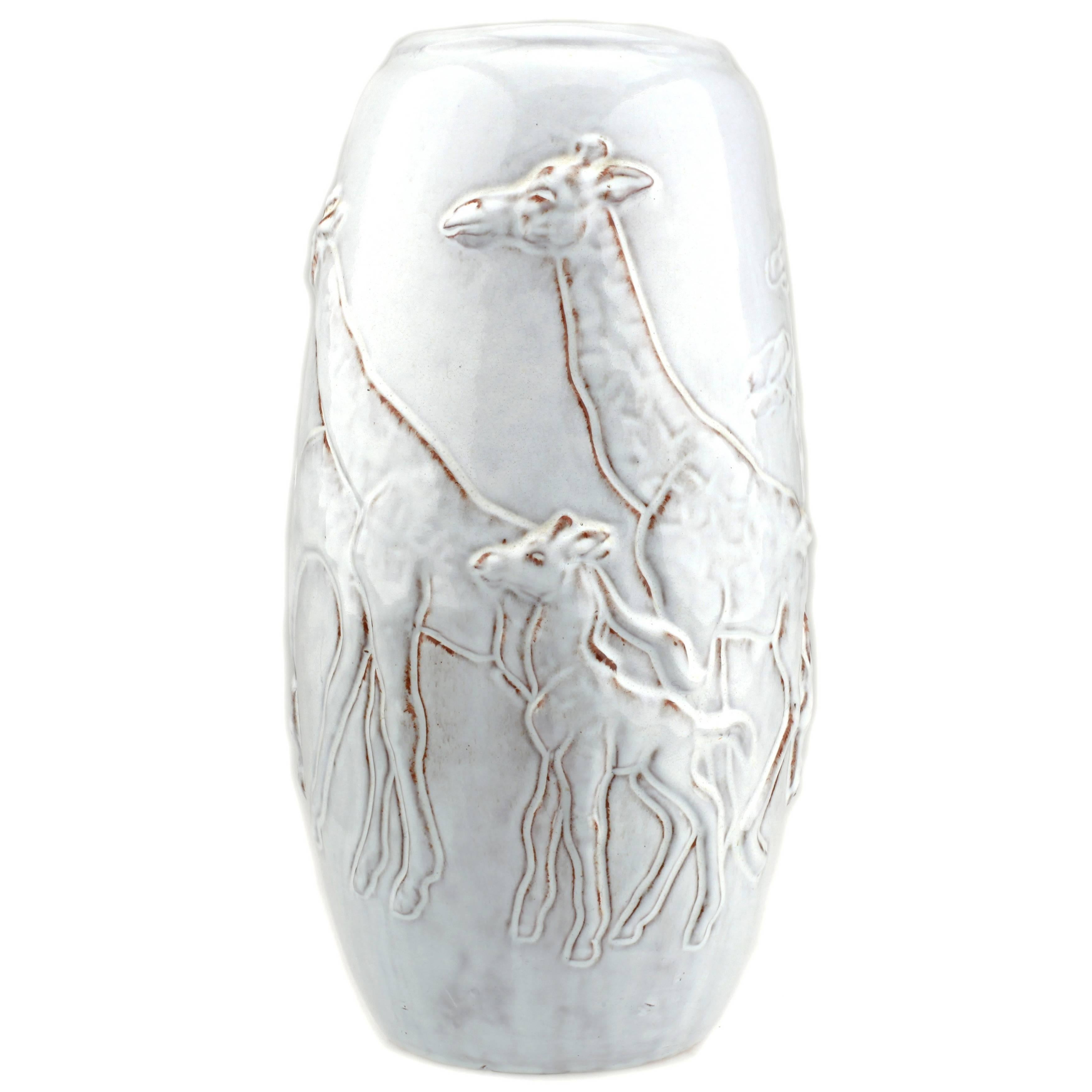 Dutch Pottery Mobach Grey Glazed Earthenware Vase with Relief Images of Giraffes For Sale