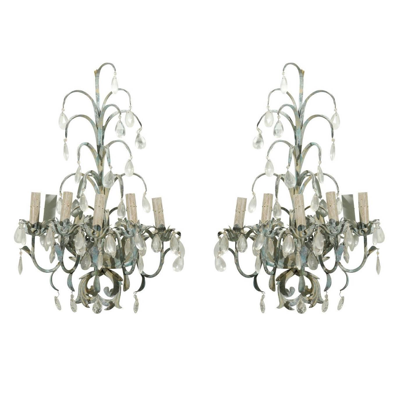 French Vintage Painted Metal and Crystal Five-Light Sconces For Sale