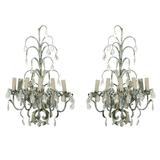 French Vintage Painted Metal and Crystal Five-Light Sconces