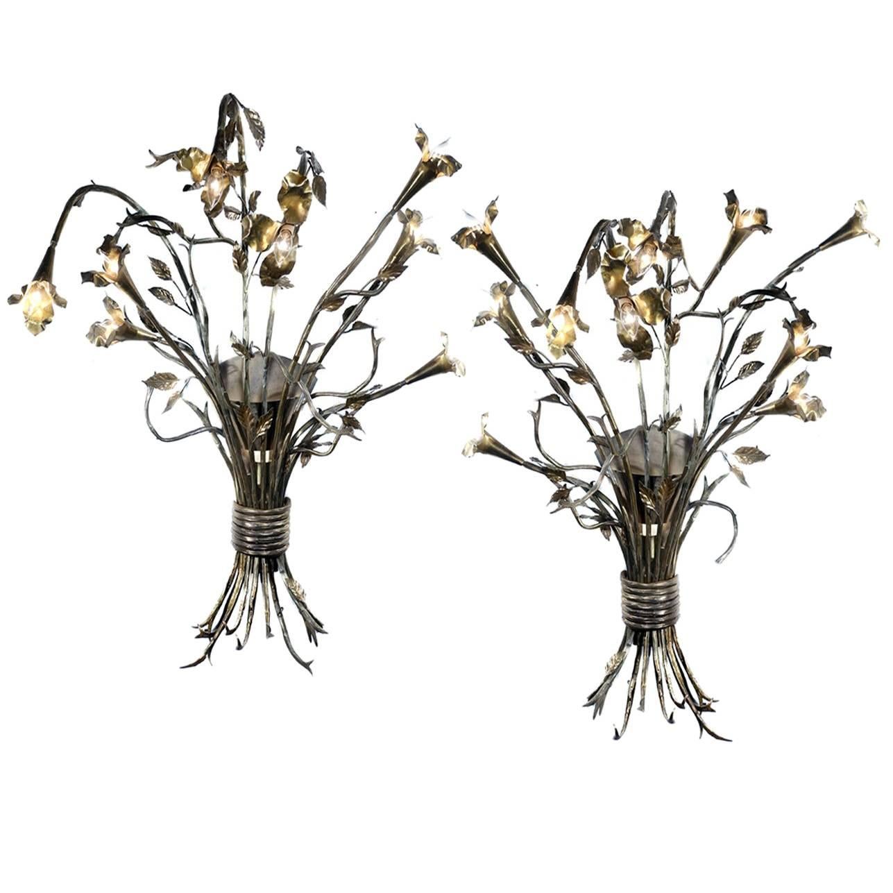 Huge Pair of Handmade Hollywood Regency Bouquet Sconces