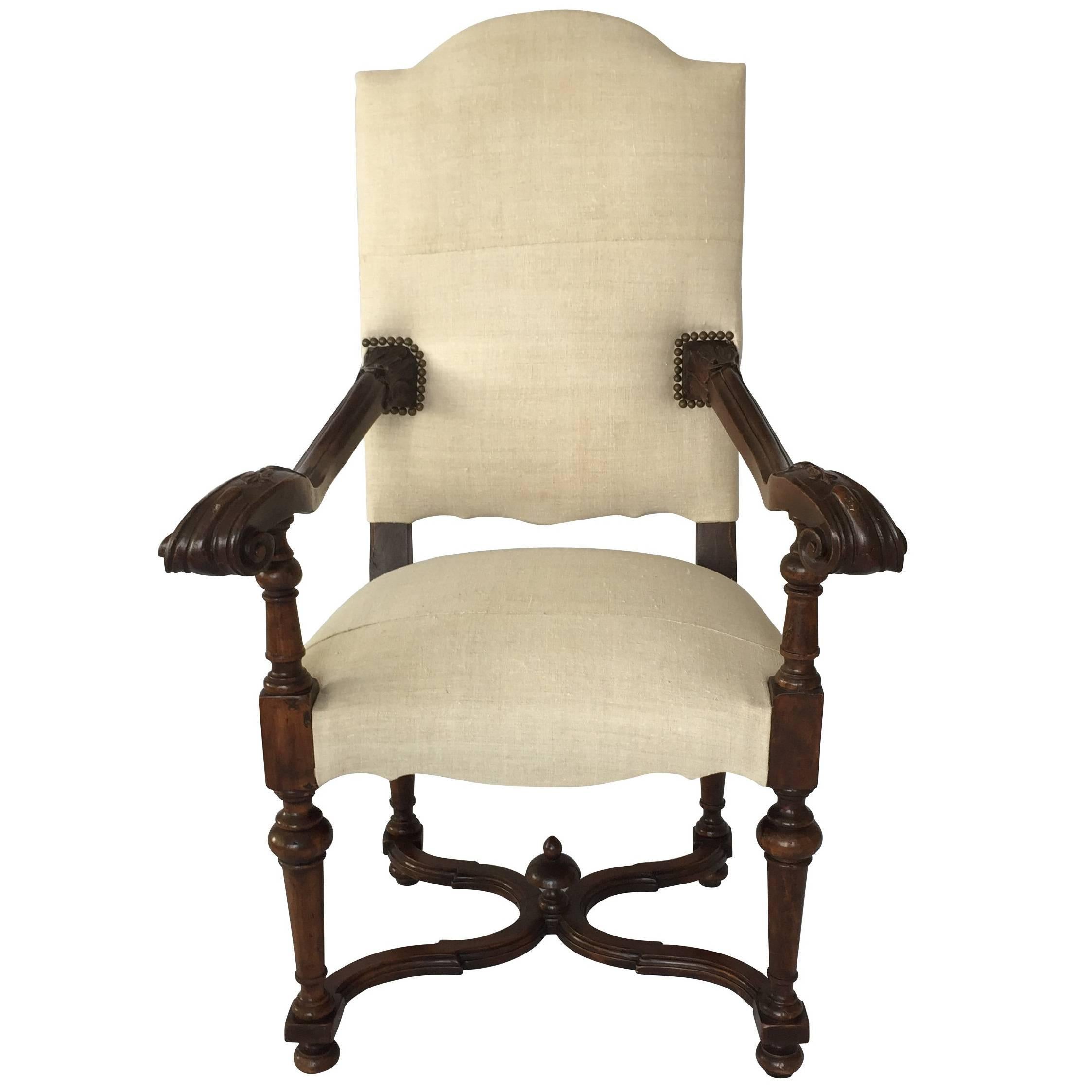 Upholstered Hand Carved Walnut Side Chair, France, 1920s