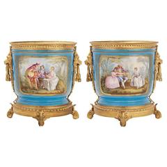 Large Palacial Size Exquisite Pair of Sevres, France, Porcelain Blue Vases