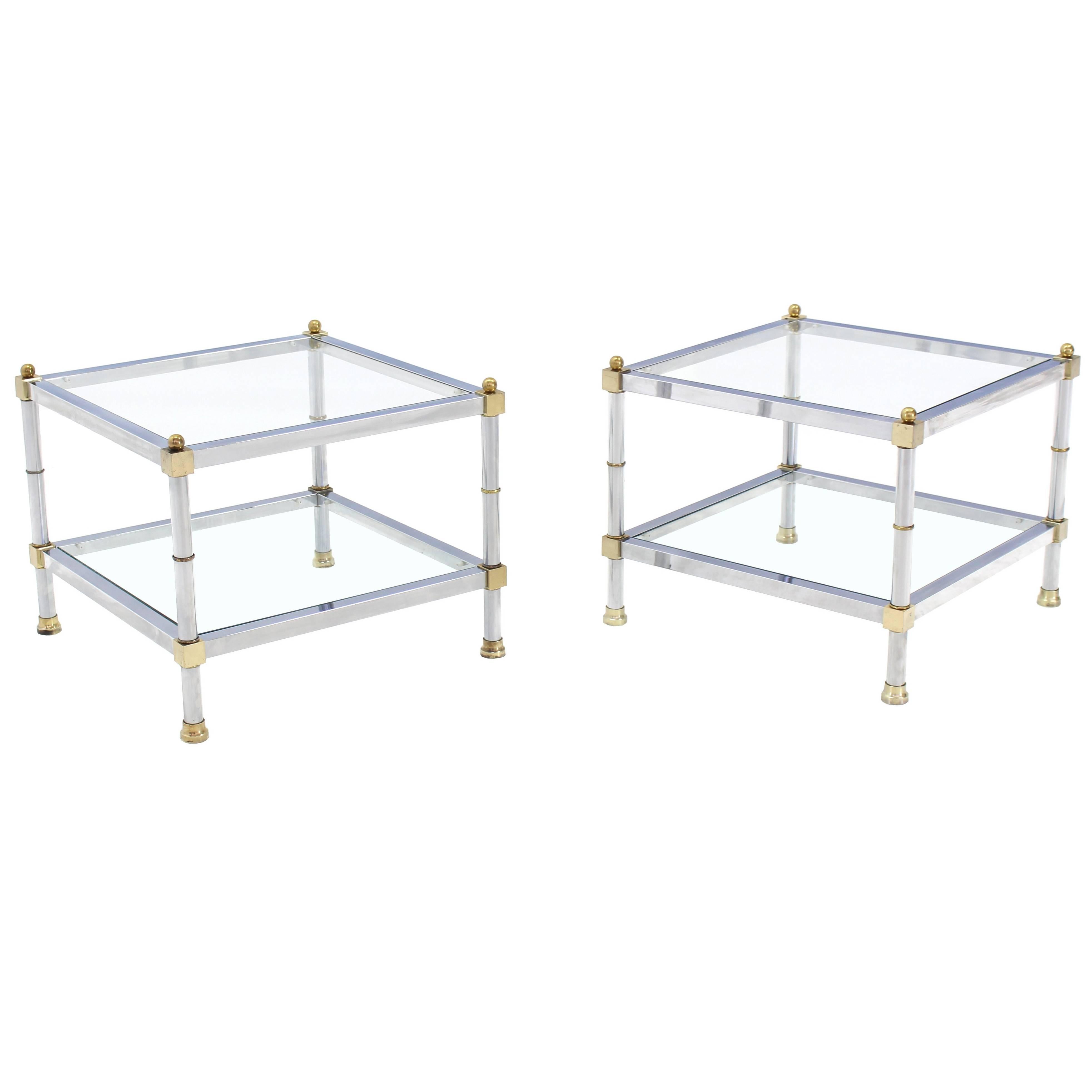 Pair of Glass Chrome Brass Square Mid-Century Modern End Tables For Sale