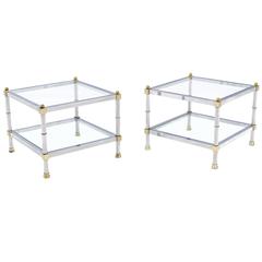 Pair of Glass Chrome Brass Square Mid-Century Modern End Tables
