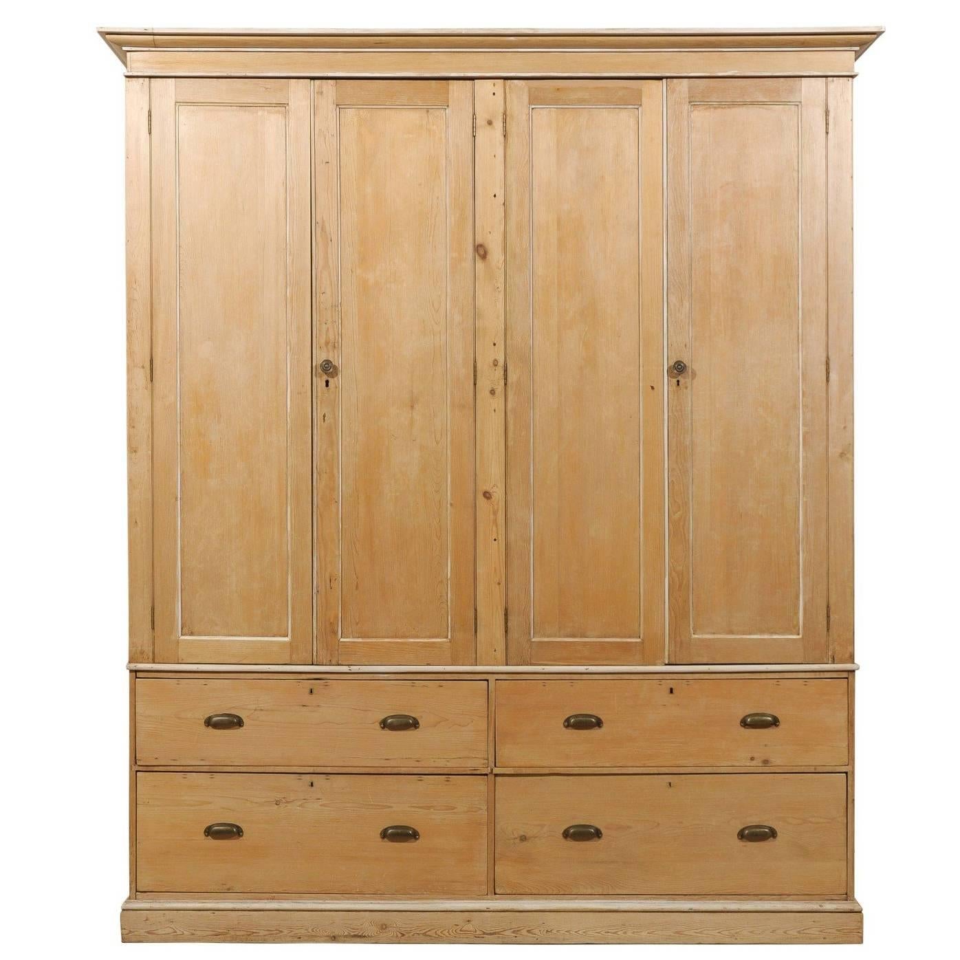 English Large-Size Natural Wood Storage Cabinet w/Drawers, Cleanly Designed