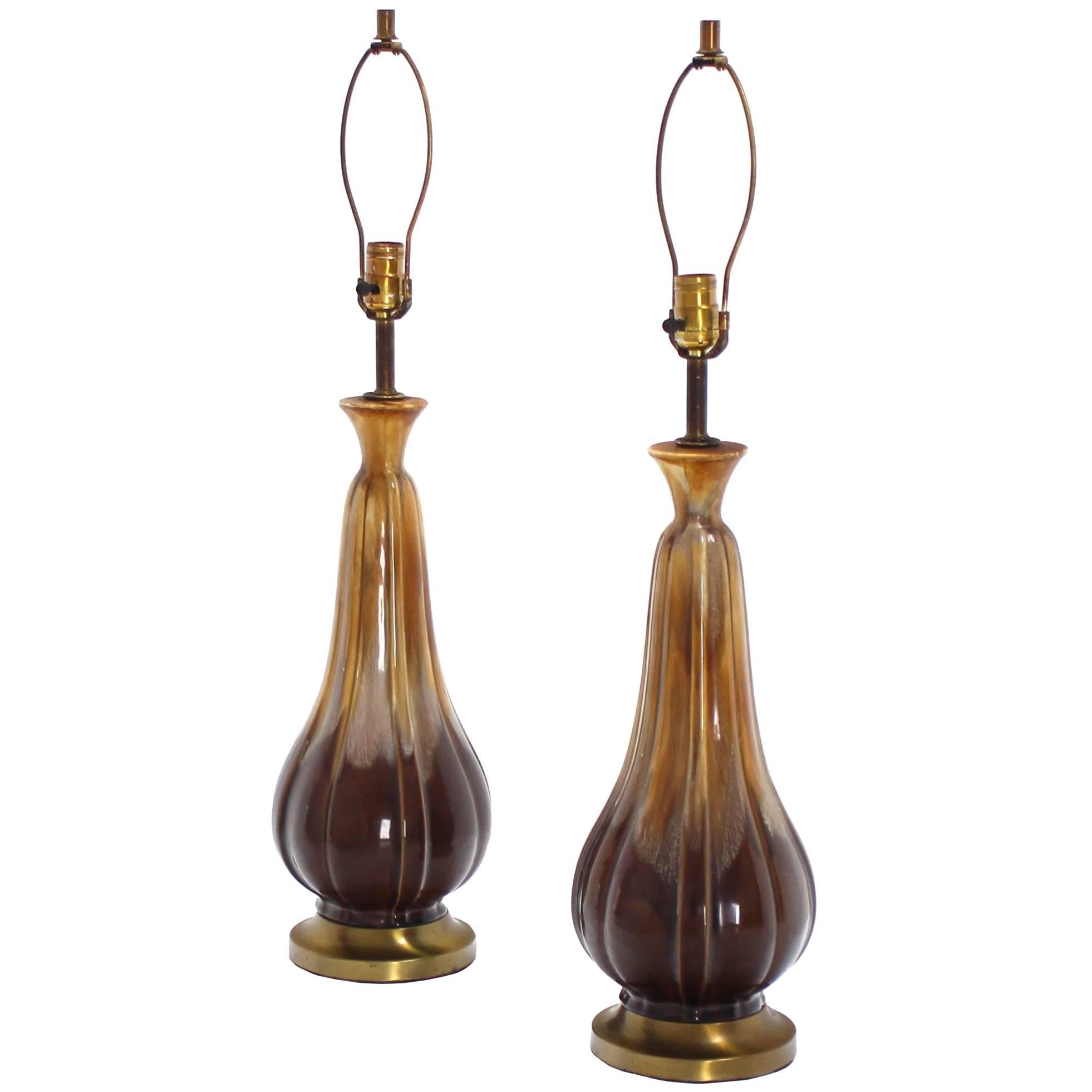 Pair of Mid Century Modern Glazed Brown Pottery Table Lamps