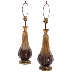 Pair of Mid Century Modern Glazed Brown Pottery Table Lamps