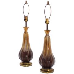 Pair of Mid Century Modern Glazed Brown Pottery Table Lamps 9