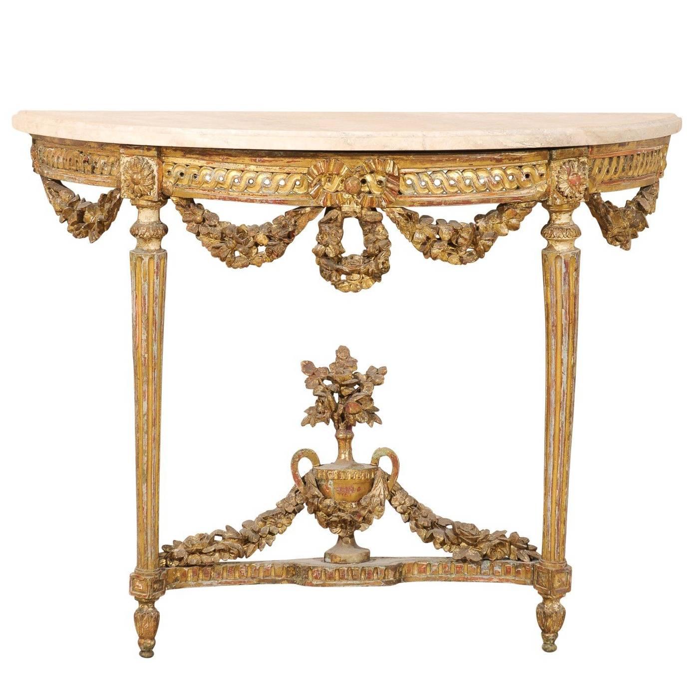 Early 19th C. Italian Gilt & Carved-Wood Demi Console Table with Marble Top For Sale