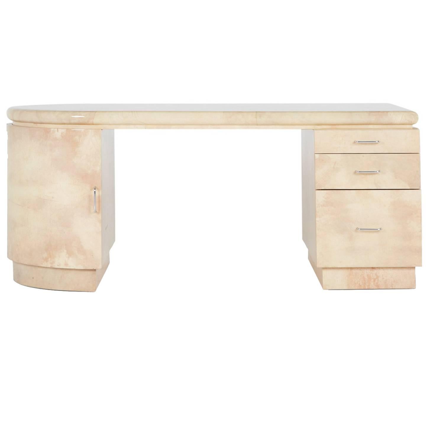 A large, exquisite lacquered goatskin desk created by iconic designer and Palm Springs resident Steve Chase. Luxurious and down-right gorgeous, this is the quintessential desk for a Chief Designer's office. 

Acquired from a Laguna Beach private