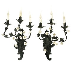 Antique Pair of French Tôle and Porcelain Triple Branch Wall Sconces, 19th c