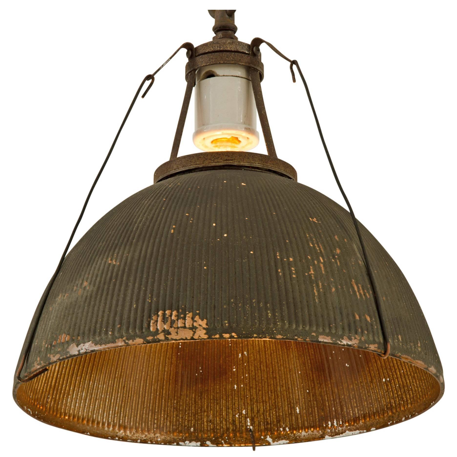 Oversized Pendant with Weathered Permaflector Shade, circa 1905 For Sale