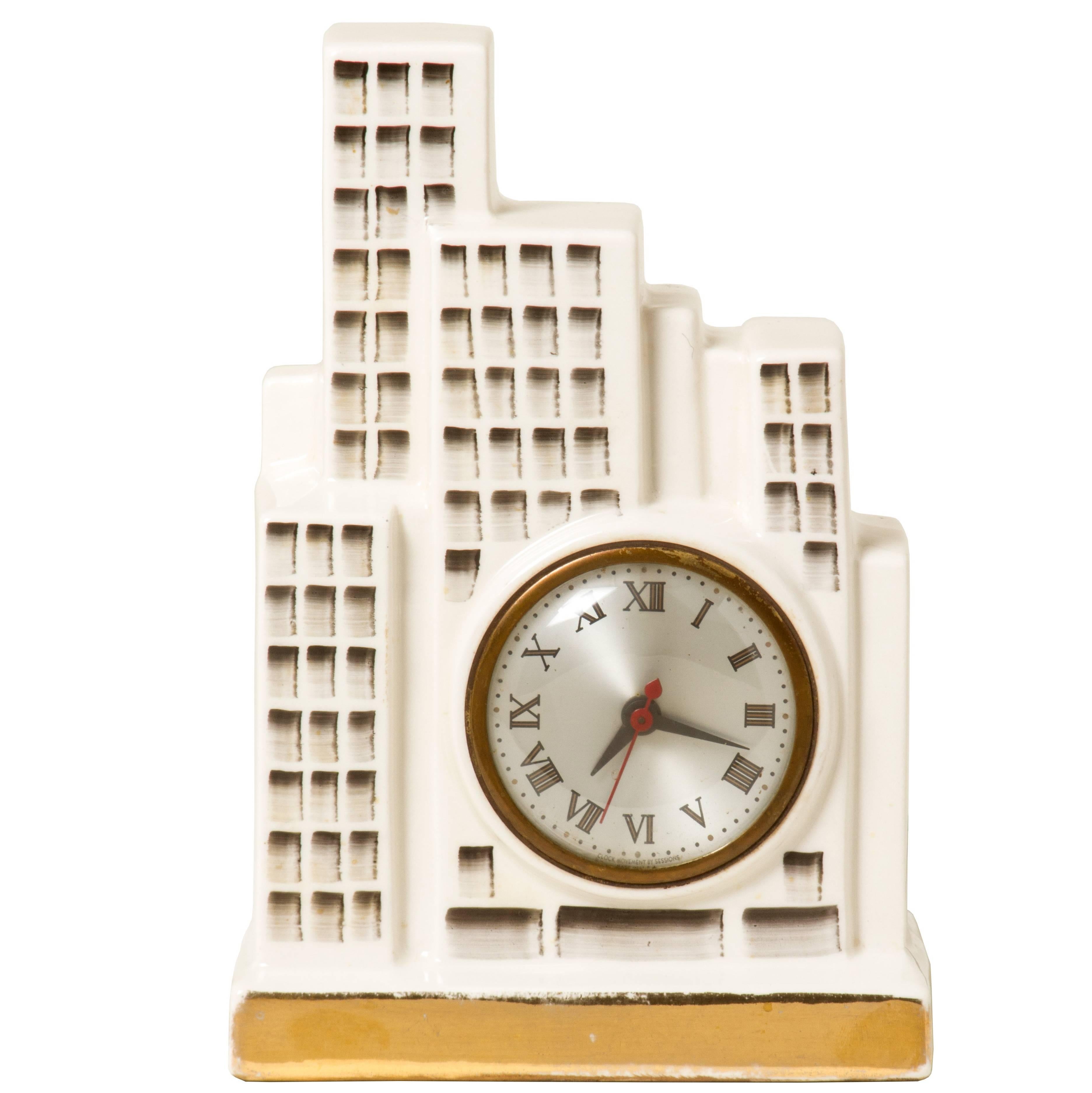 Art Deco Ceramic Skysraper Clock For Sale