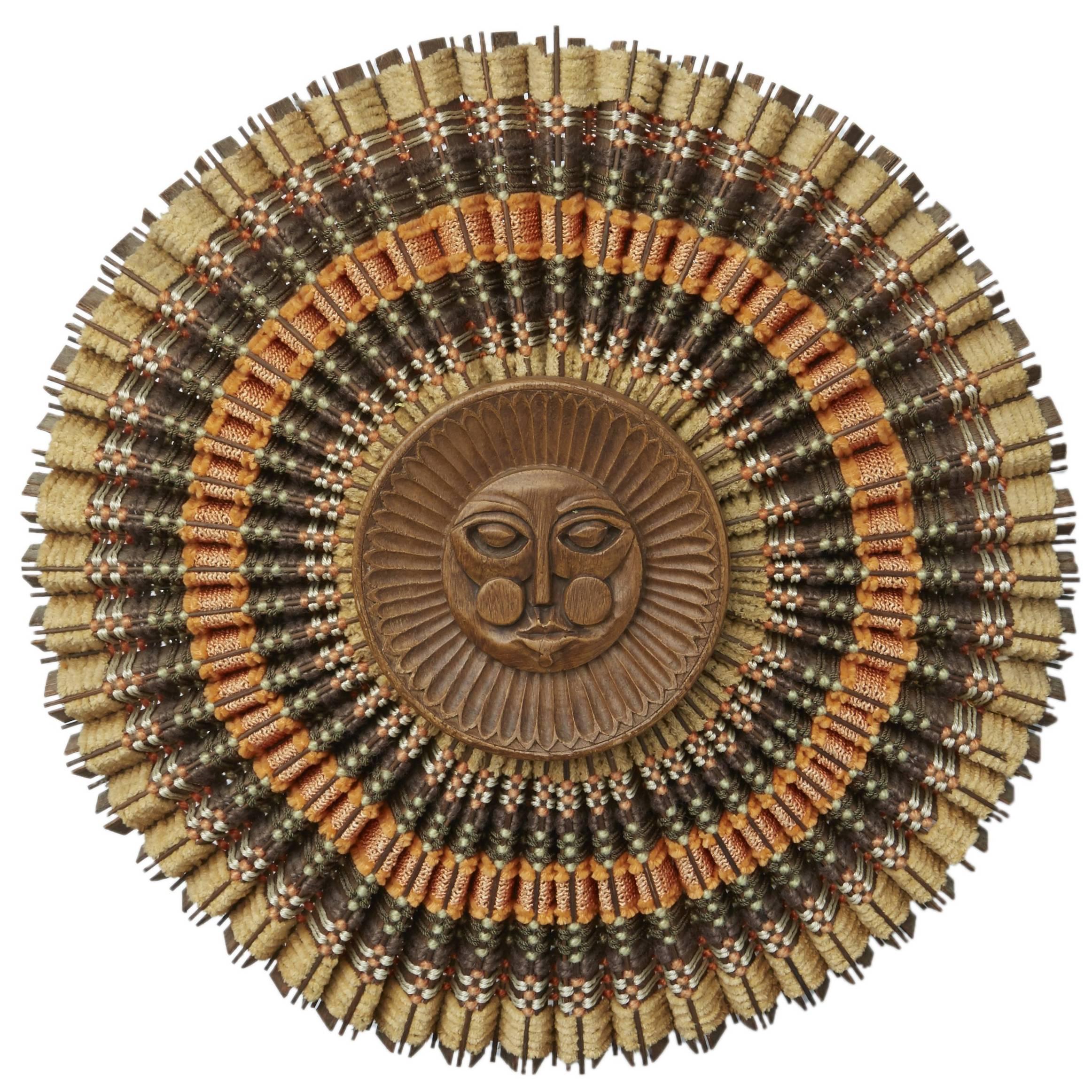 Rare Maria Kipp Carved Teak 
Woven Textile Sunburst Wall Decoration, circa 1960