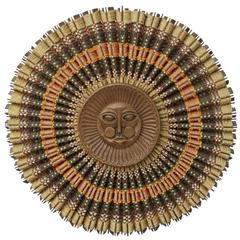 Vintage Rare Maria Kipp Carved Teak & Woven Textile Sunburst Wall Decoration, circa 1960