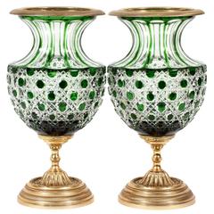 Exquisite Pair of Rare Beautiful Empire Green Crystal Baccarat Style Vases Urn