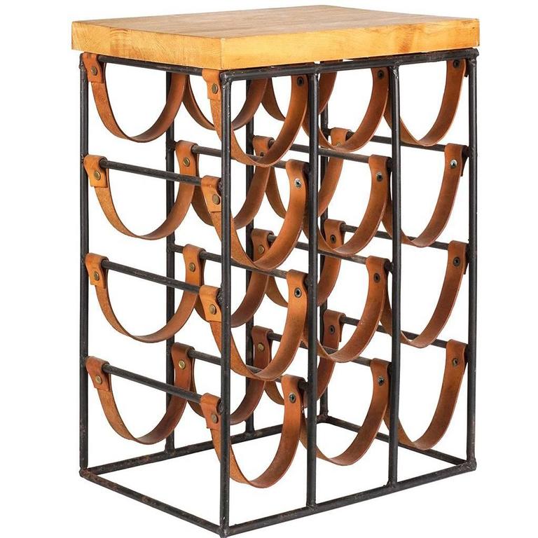 Iron and Leather Wine Rack with Butcher Block Top by Arthur Umanoff