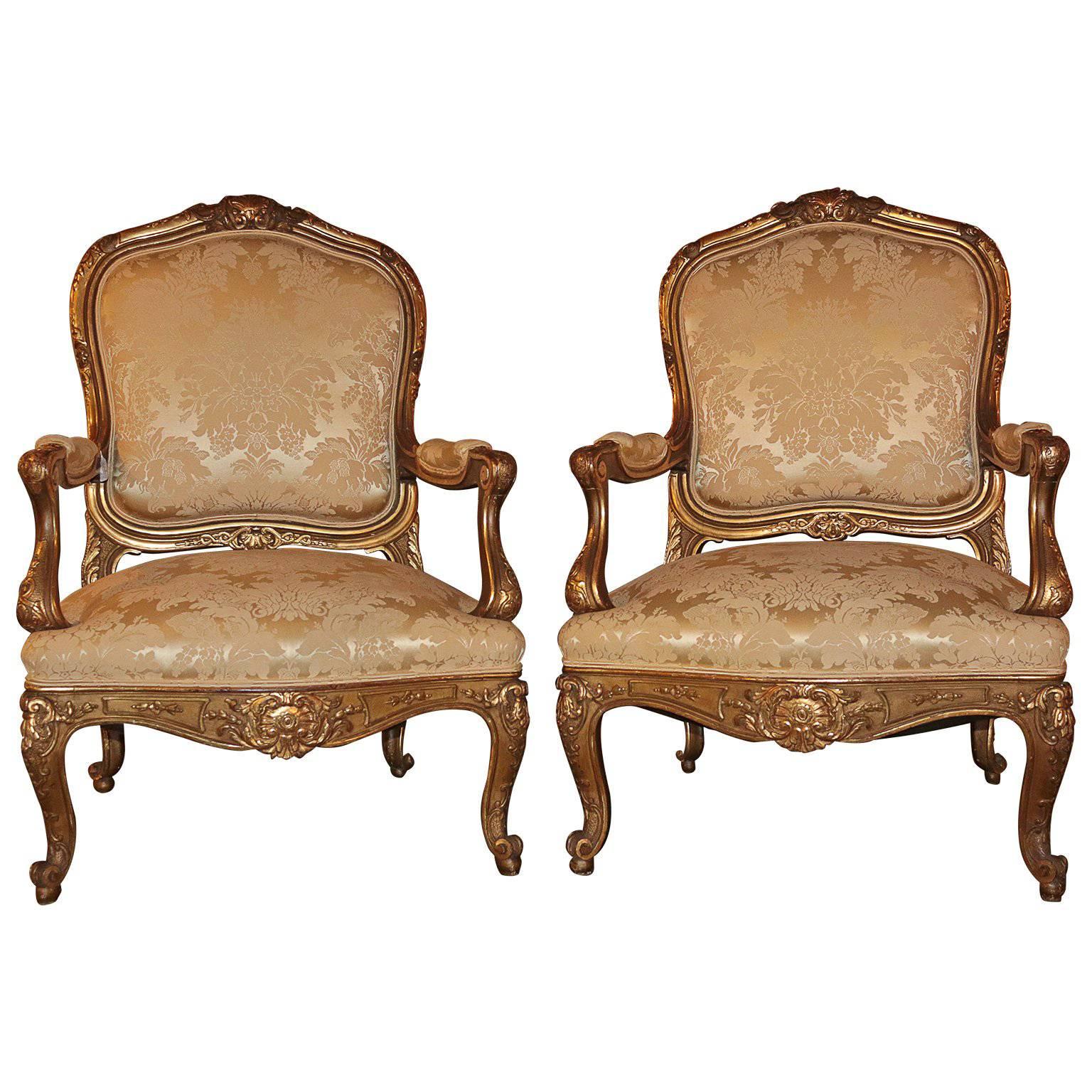 Pristine Pair of Museum Quality 19th Century French Giltwood Armchairs 