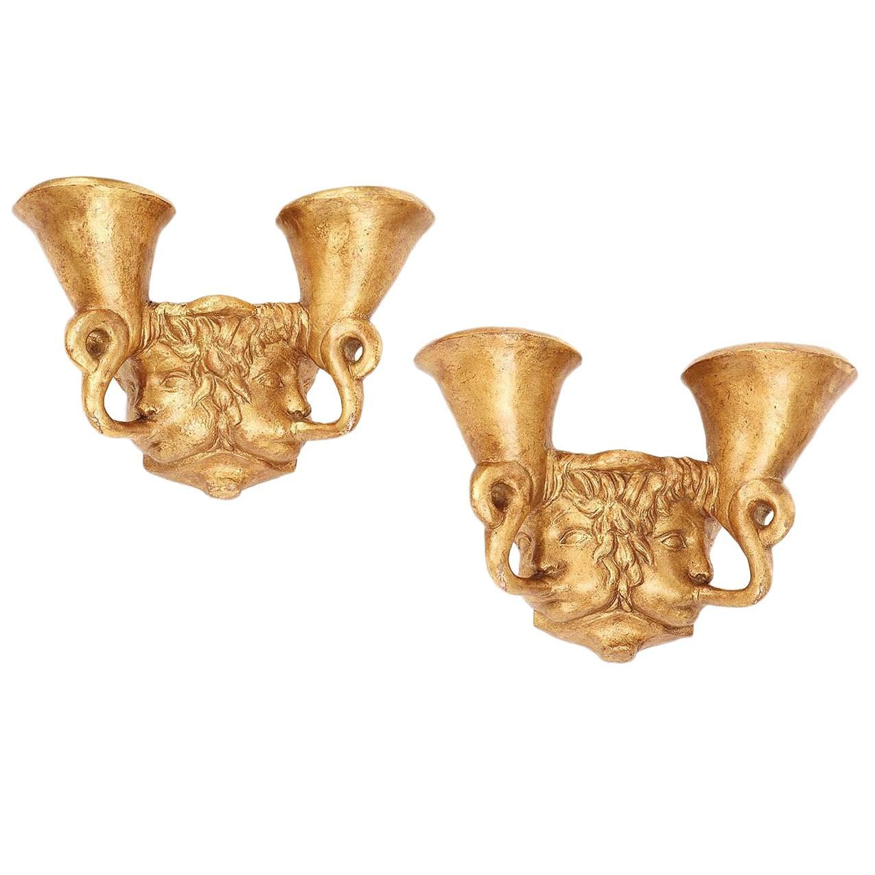 Pair of Sconces with Putti Faces Playing Horn by Vadim Androusov, circa 1947 For Sale