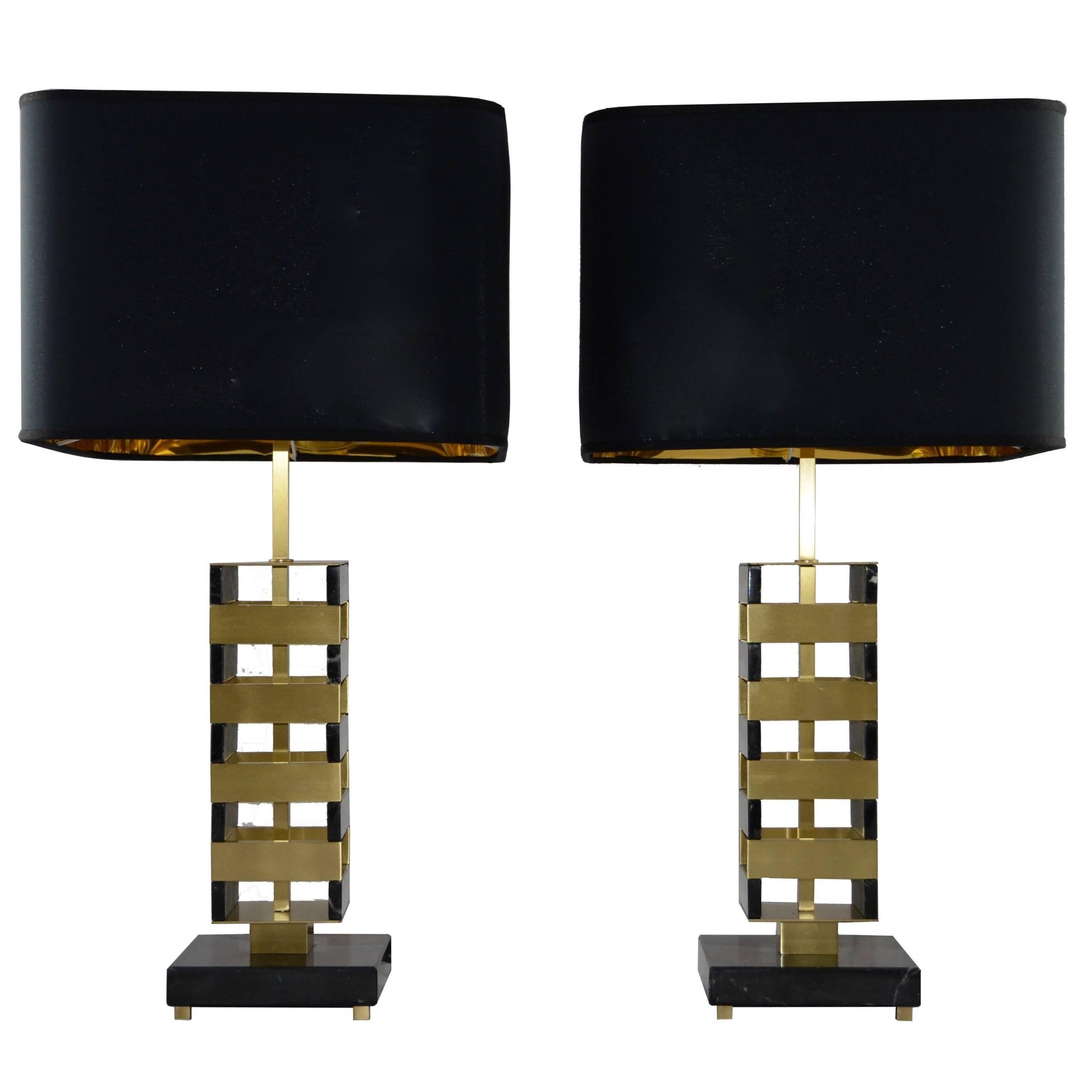 Pair of Marble and Brass Table Lamps For Sale