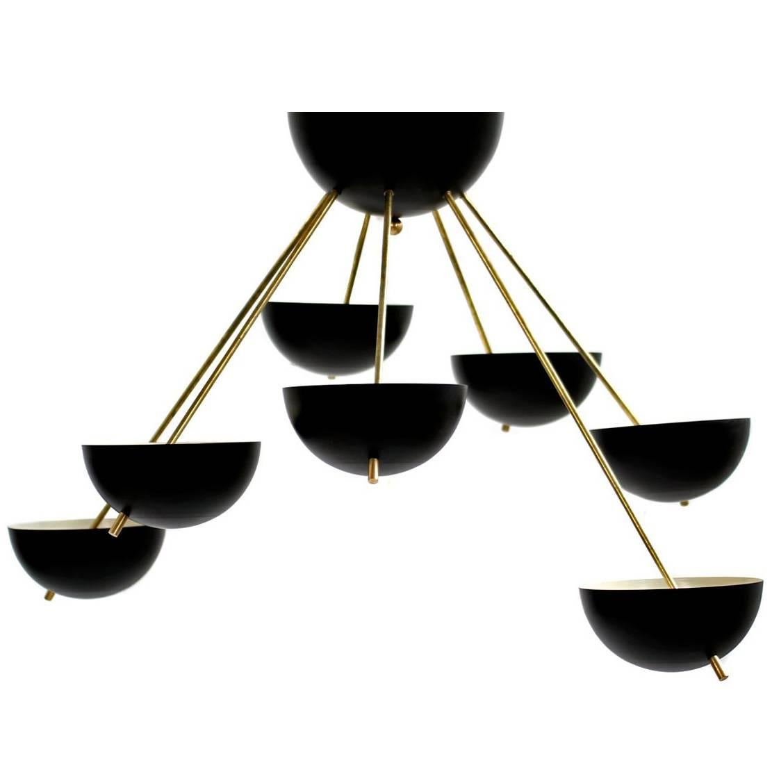 Beautiful Italian Flush Mount Seven-Arm Brass Bowl Chandelier Stilnovo Style