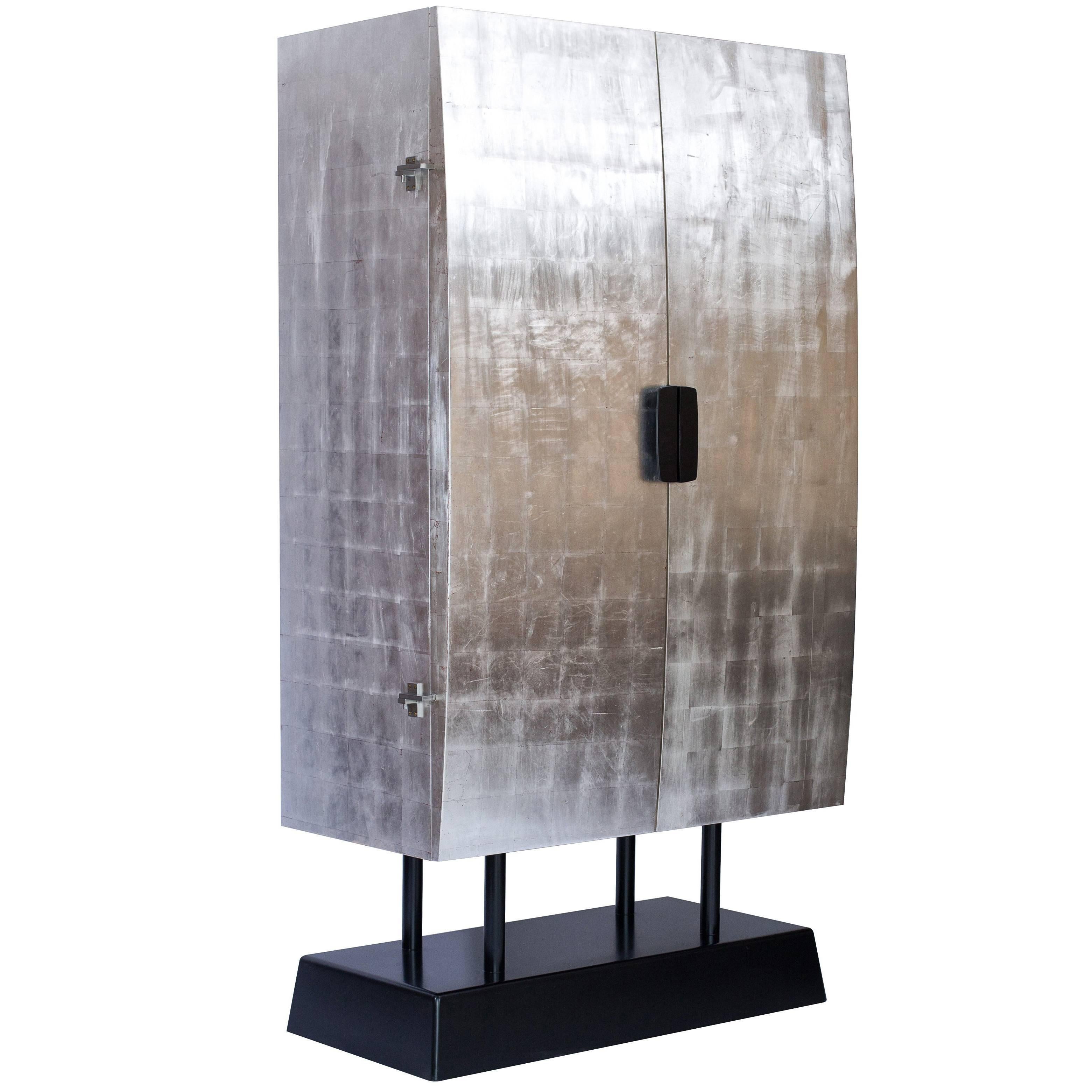 Hand-Crafted Maple and Silver Leafed Bow Front Cabinet by Bret Cavanaugh