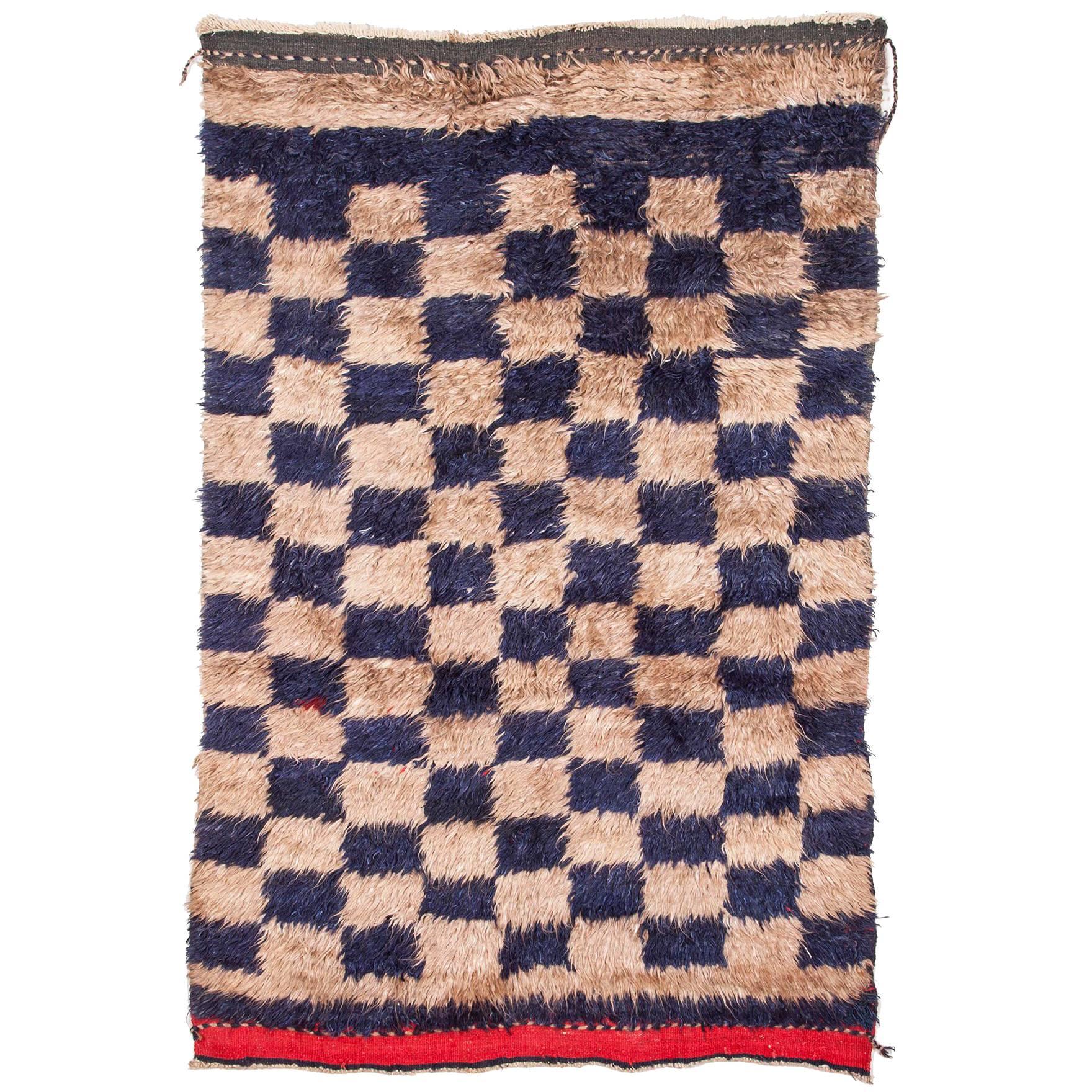 Vintage Turkish Tulu Rug Navy and Brown Checker For Sale