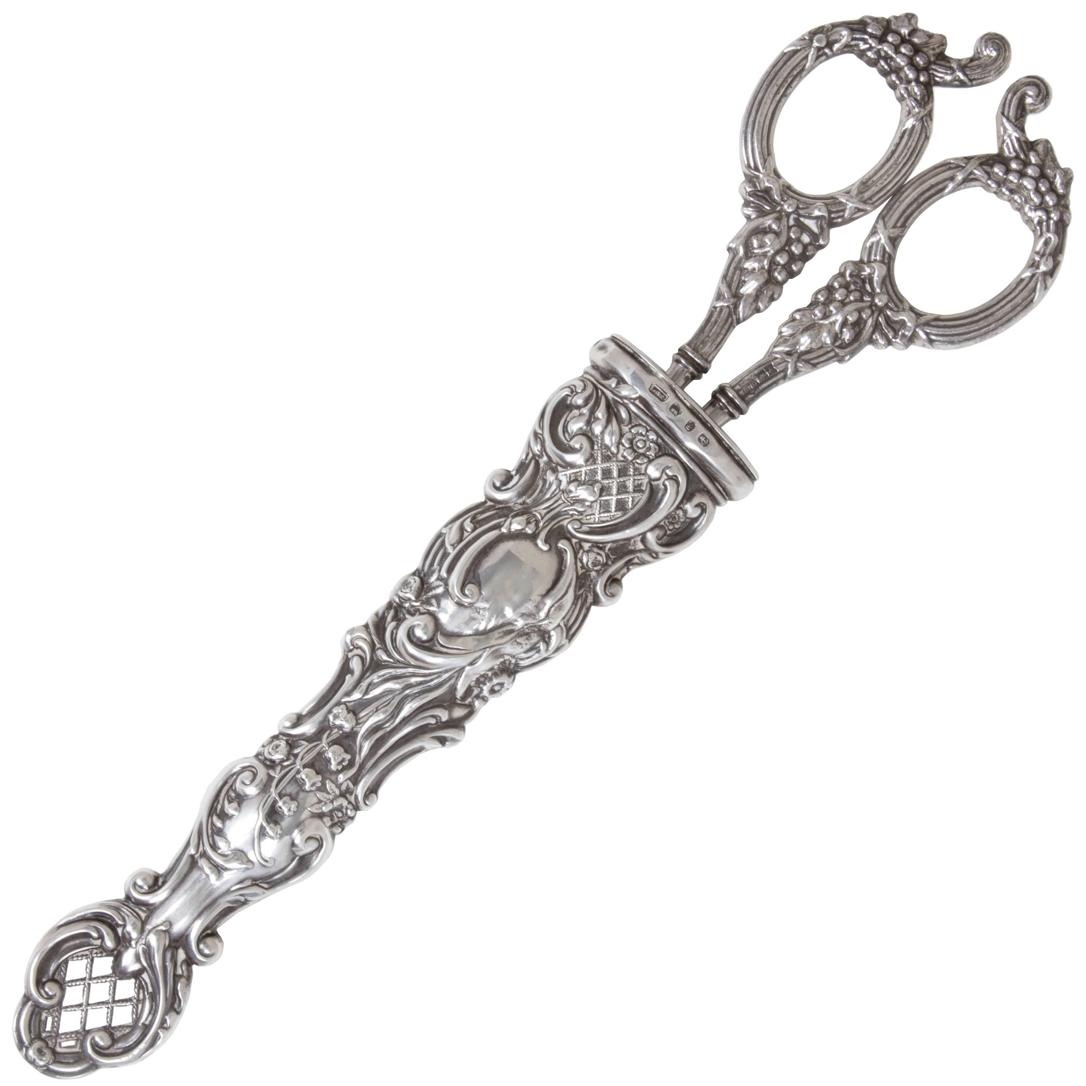 Aesthetic Movement Victorian Ornate Silver Grapeshears For Sale