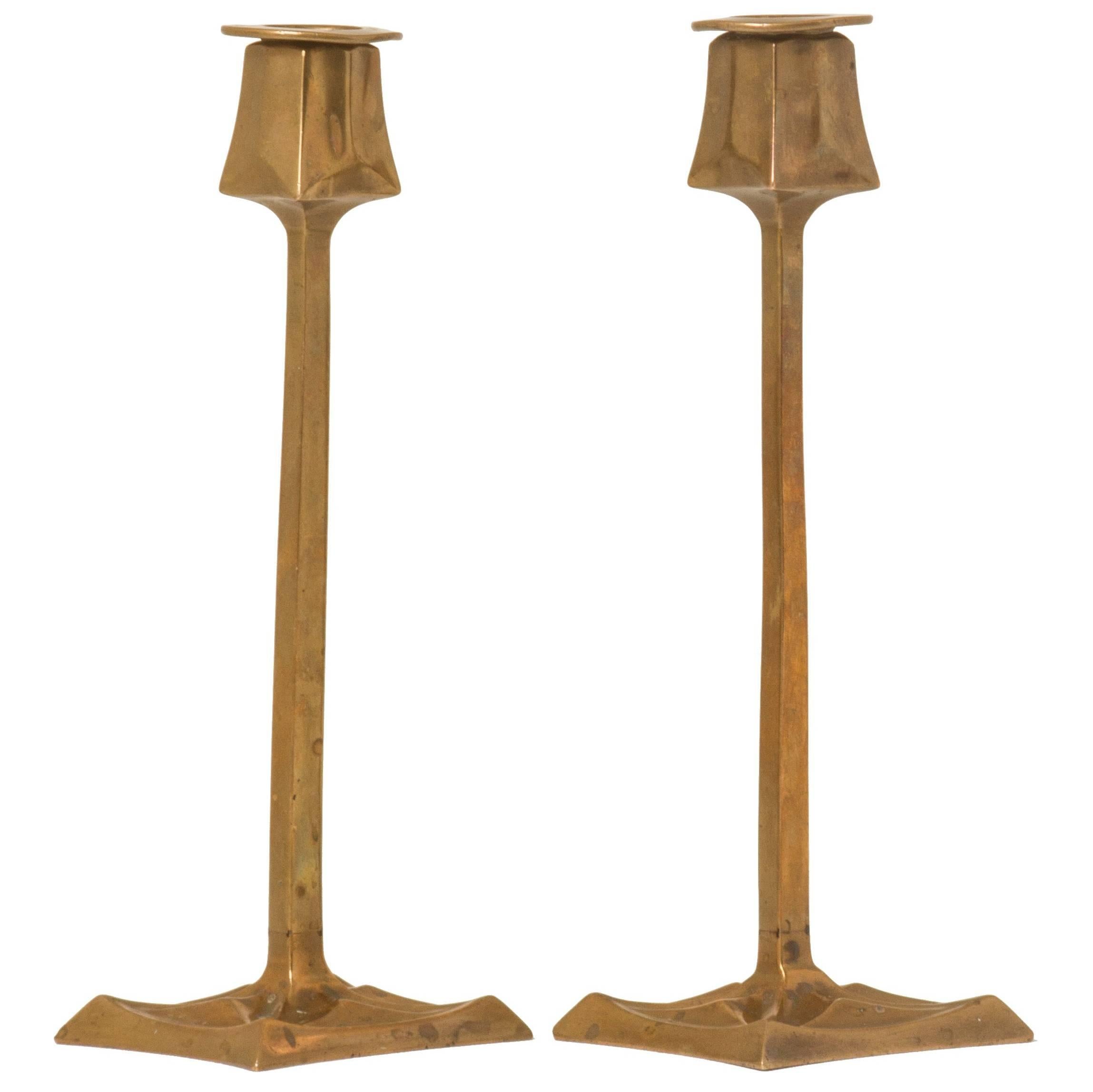 Pair of Art Deco Bronze Cubist Candlesticks For Sale