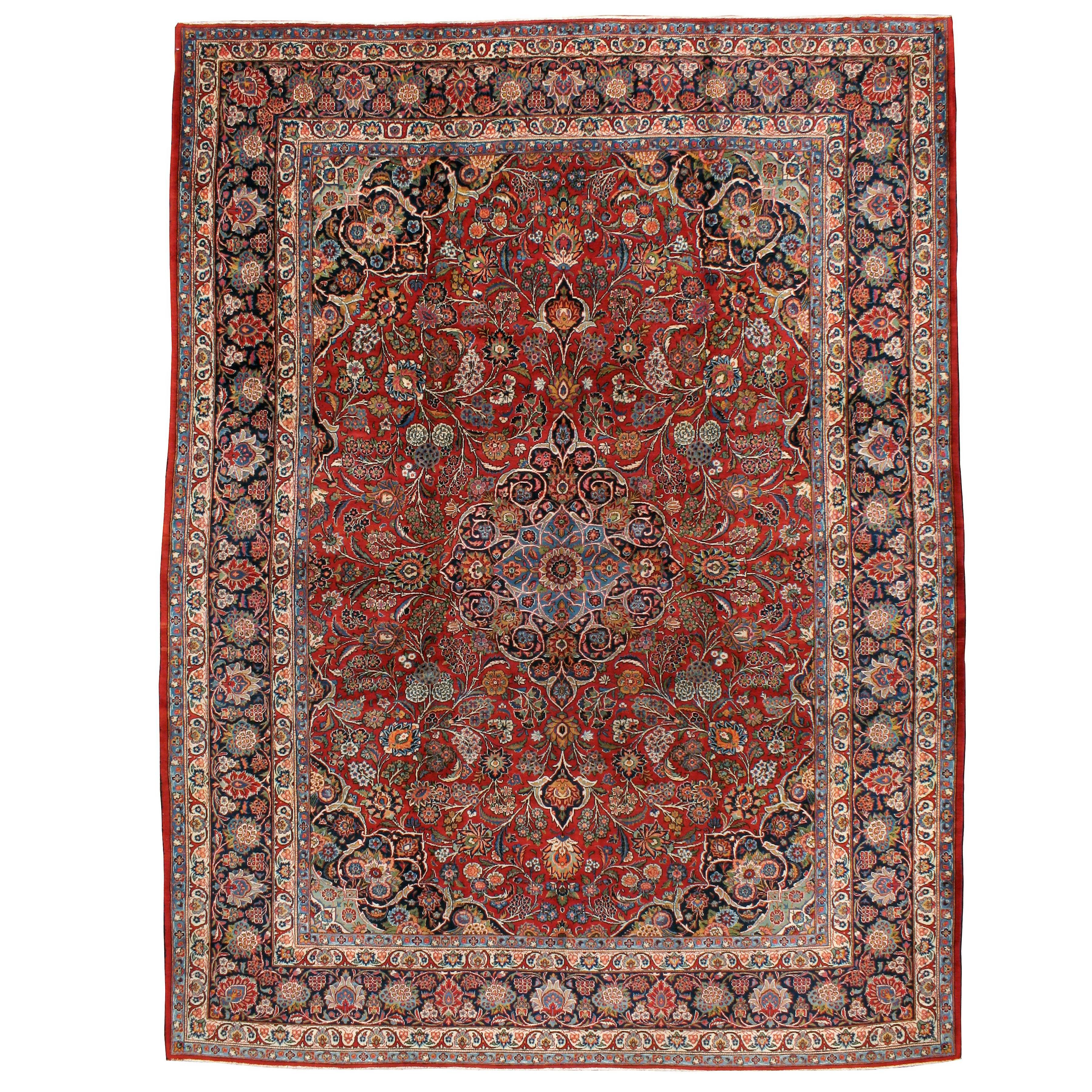 Mid-20th Century Handmade Persian Kashan 9' x 12' Room Size Rug in Red and Navy For Sale