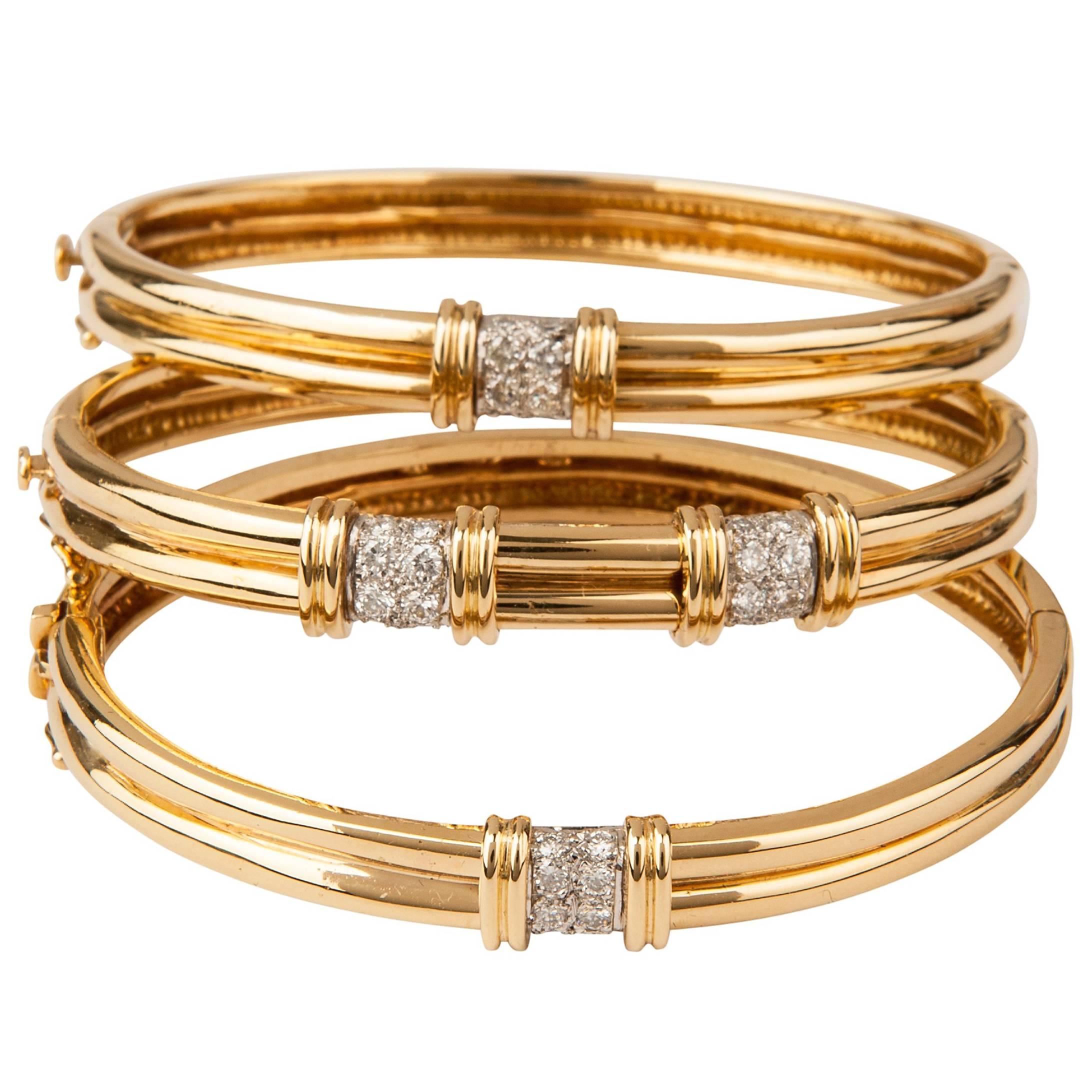 Set of Three 18-Karat Gold and Diamond Tiffany Bracelets For Sale