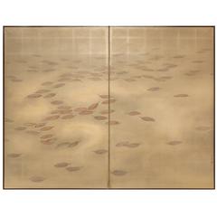 Antique Japanese Two-Panel Screen, Fallen Leaves on Silver with Gold Dust