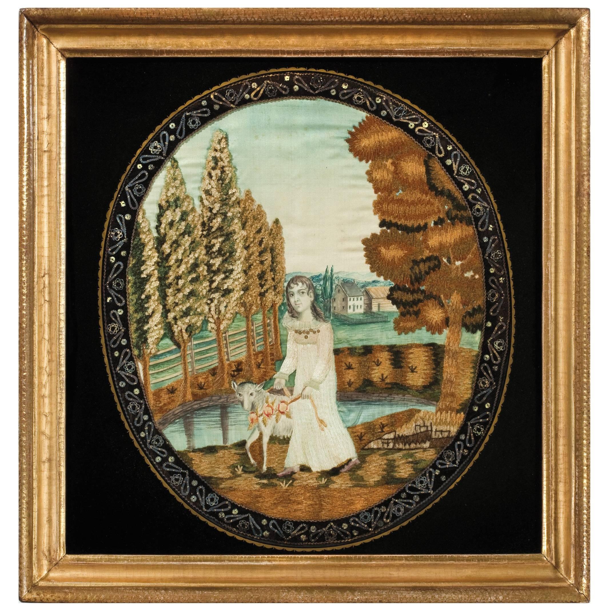 Excellent Schoolgirl Silk Embroidery, "a Favorite Lamb, " Pennsylvania, 1823 For Sale