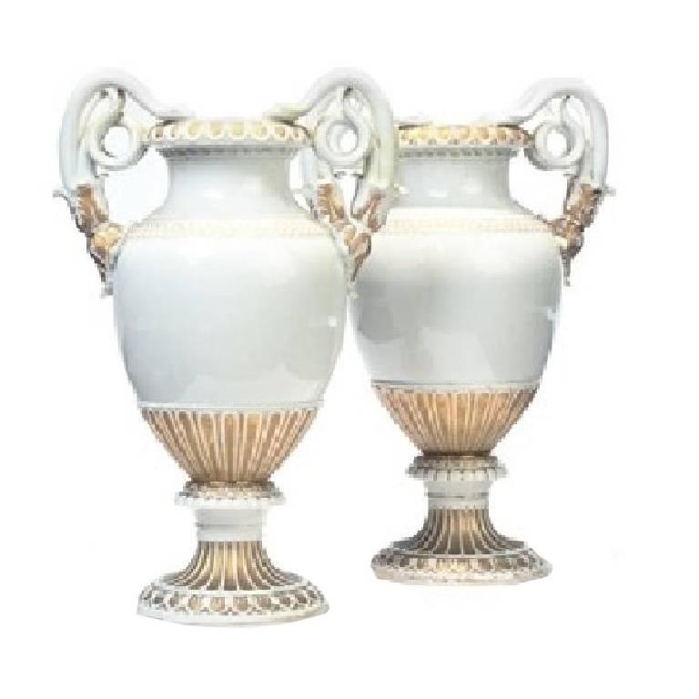 Pair of 19th Century White Gilt Meissen Porcelain Vases with Snake Serpents For Sale