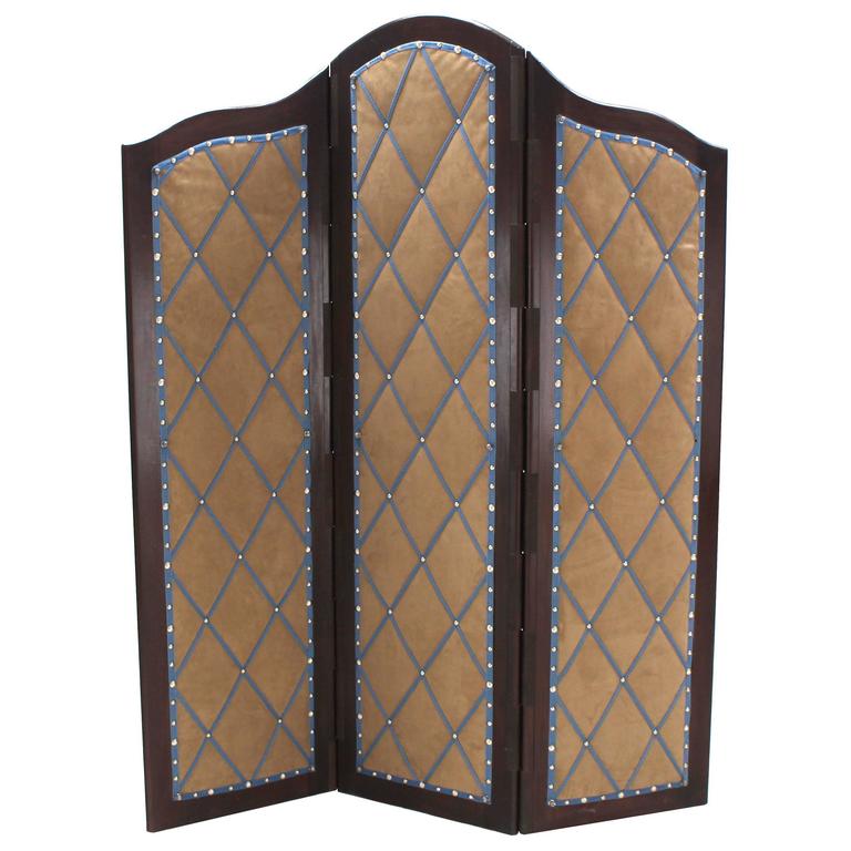 Decorative Carved and Upholstered Screen Room Divider For Sale