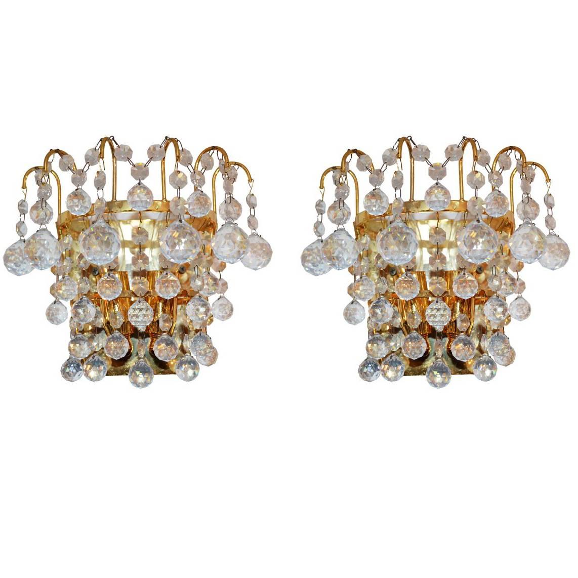 Pair of Mid-Century Crystal Wall Light Sconces