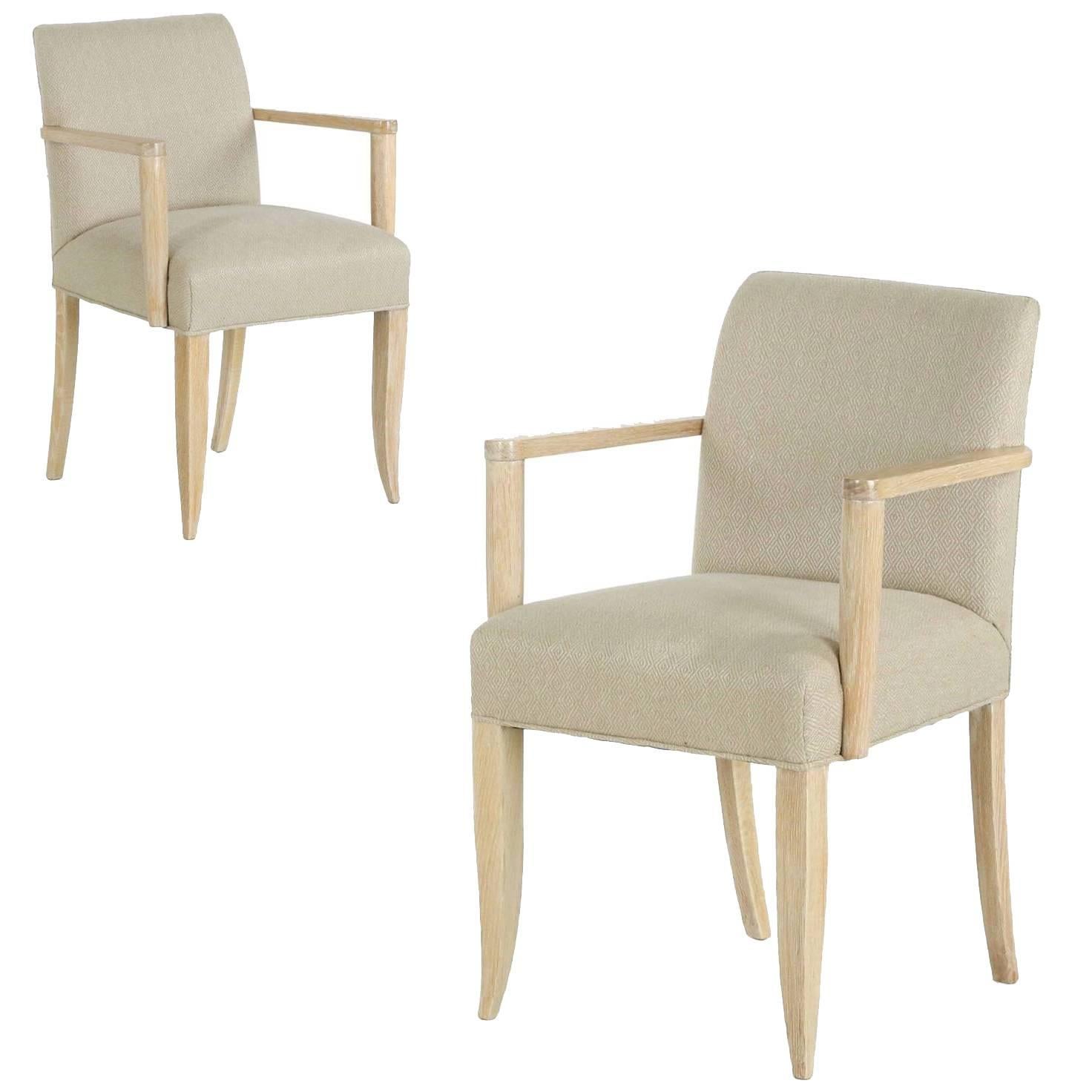 Pair of French Modern Cerused Oak Armchairs, 20th Century