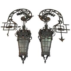 Antique Monumental Pair of French Wrought Iron Lanterns