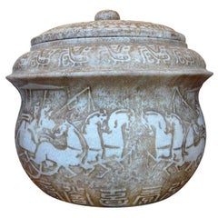 Antique Chinese Carved Marble Pot with Lid and Horse Decorations