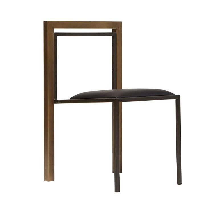 Black Leather and Antique Brass Dining Chair with Blackened Steel Frame For Sale