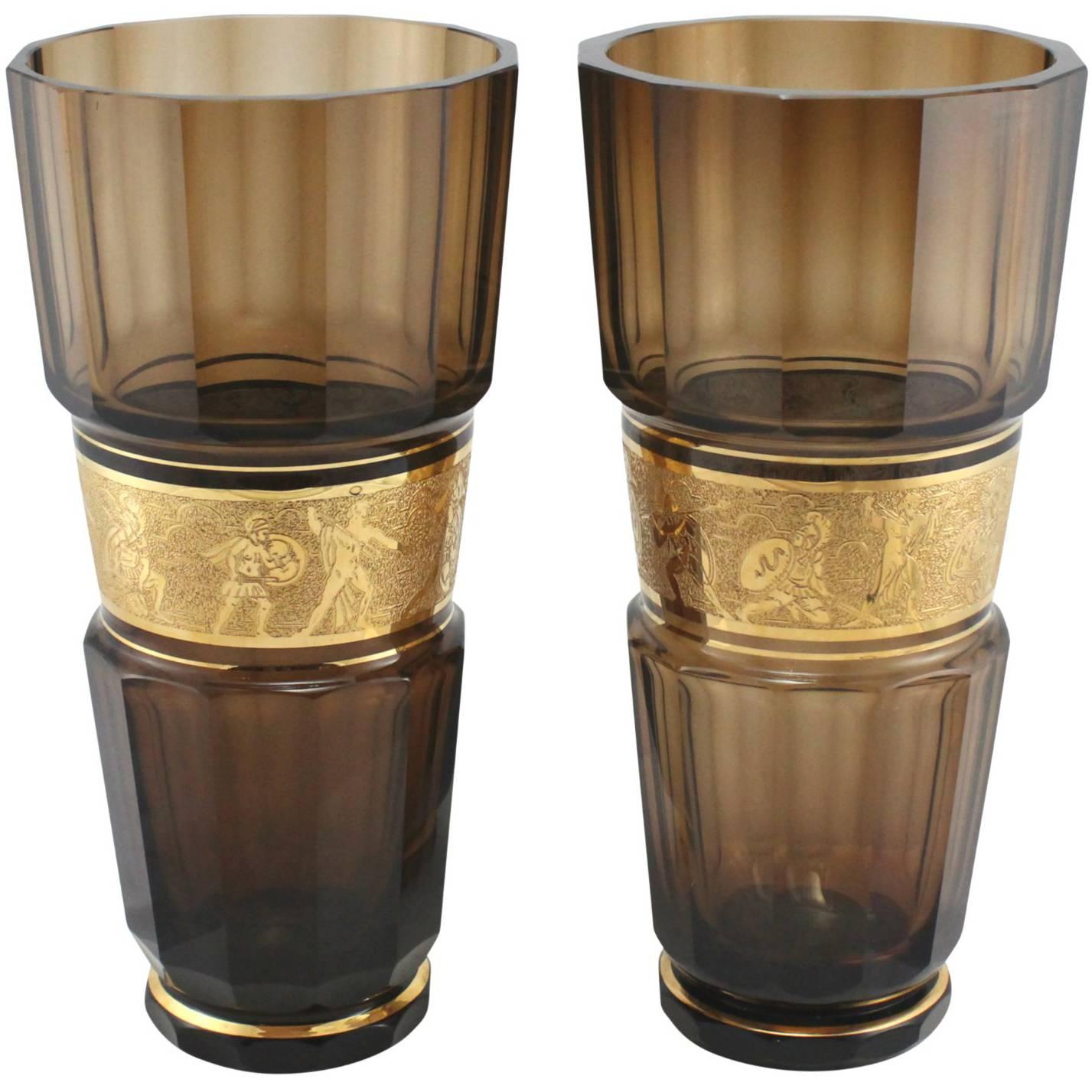 Pair of Monumental Faceted and Gilt Bohemian Glass Vases by Moser Glassworks For Sale