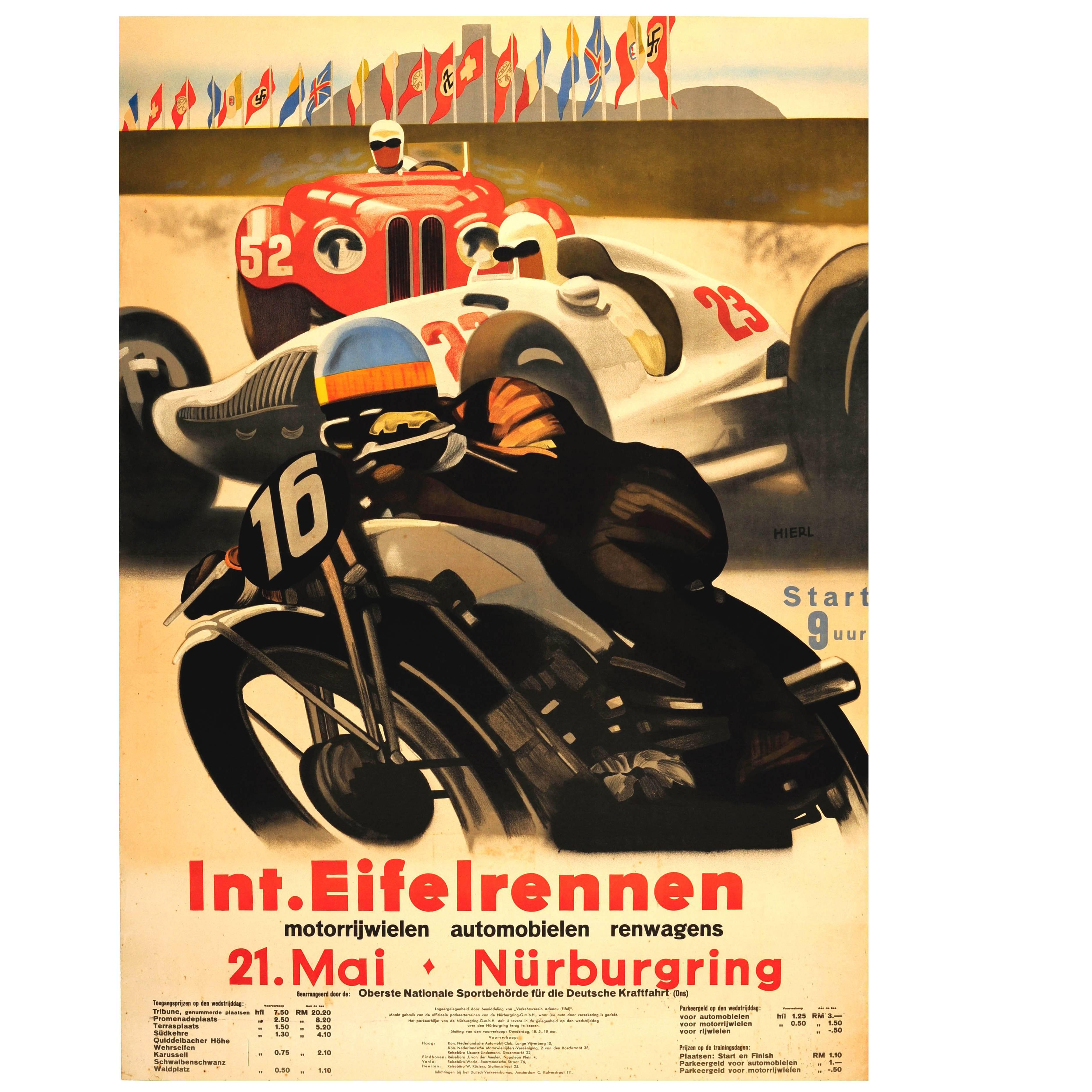 Large Original Vintage Car Motorcycle Racing Poster Int. Eifelrennen Nurburgring