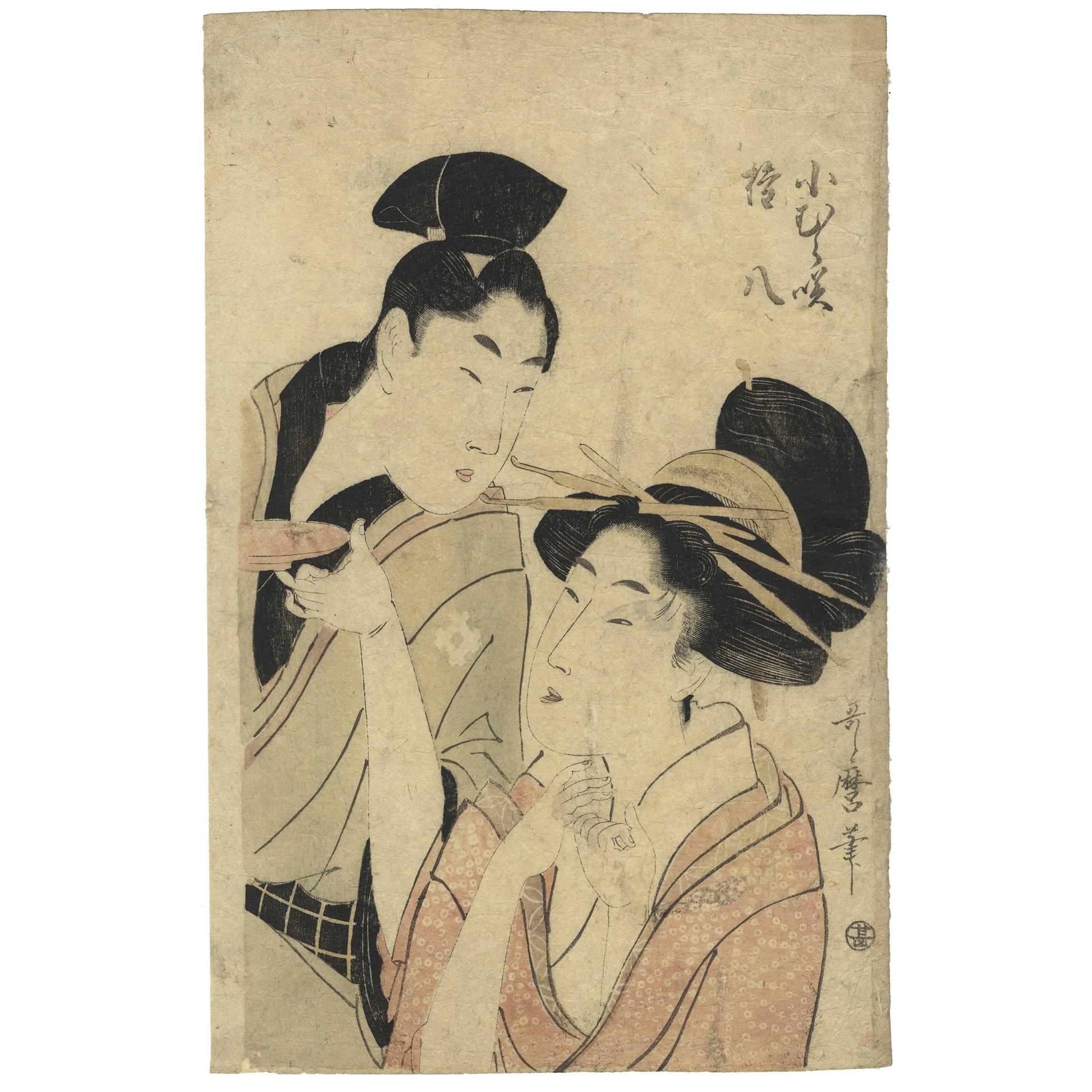 Utamaro I Kitagawa Ukiyo-e Japanese Woodblock Print Late 18th Century Lovers For Sale