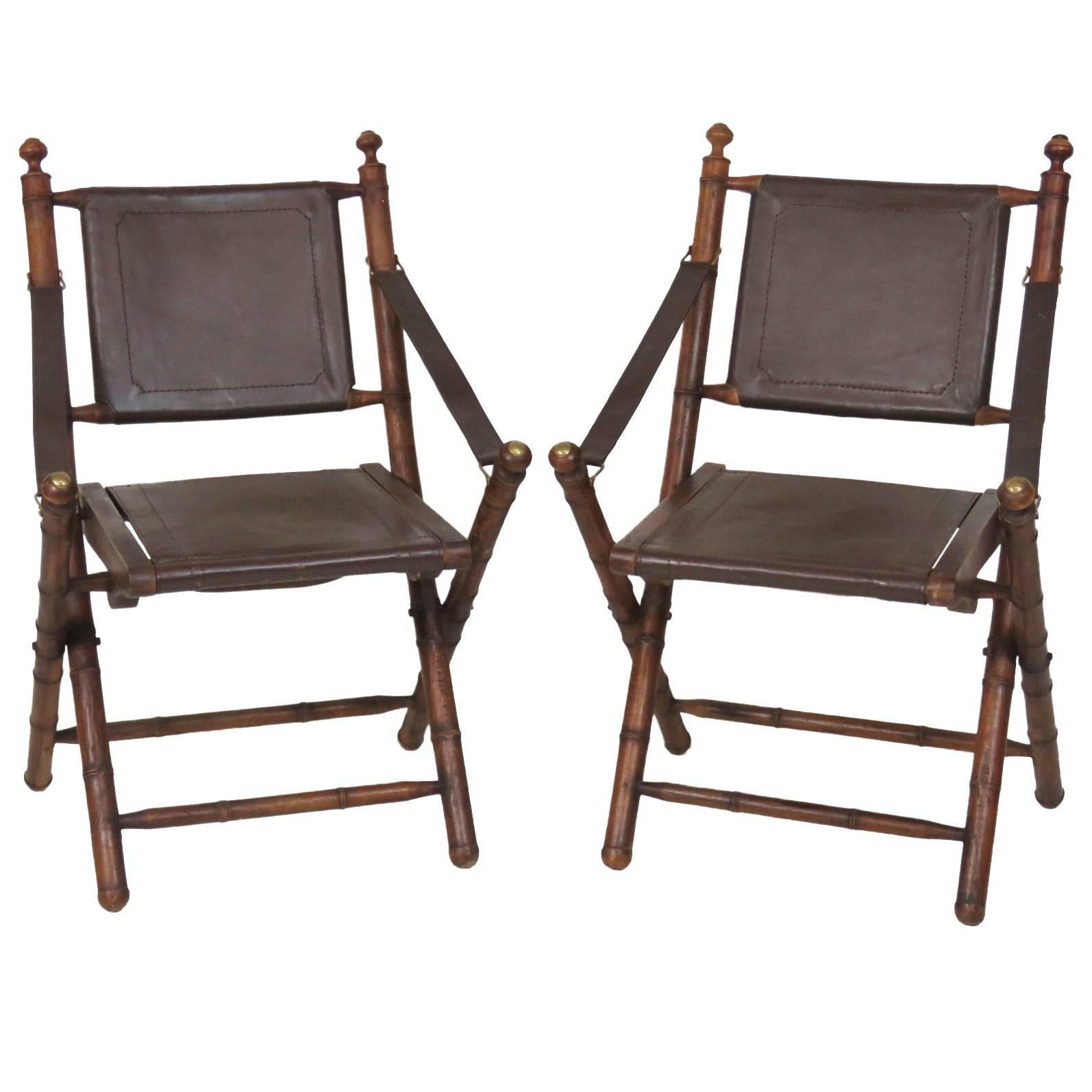 Pair of Faux Bamboo and Leather Folding Lounge Chairs