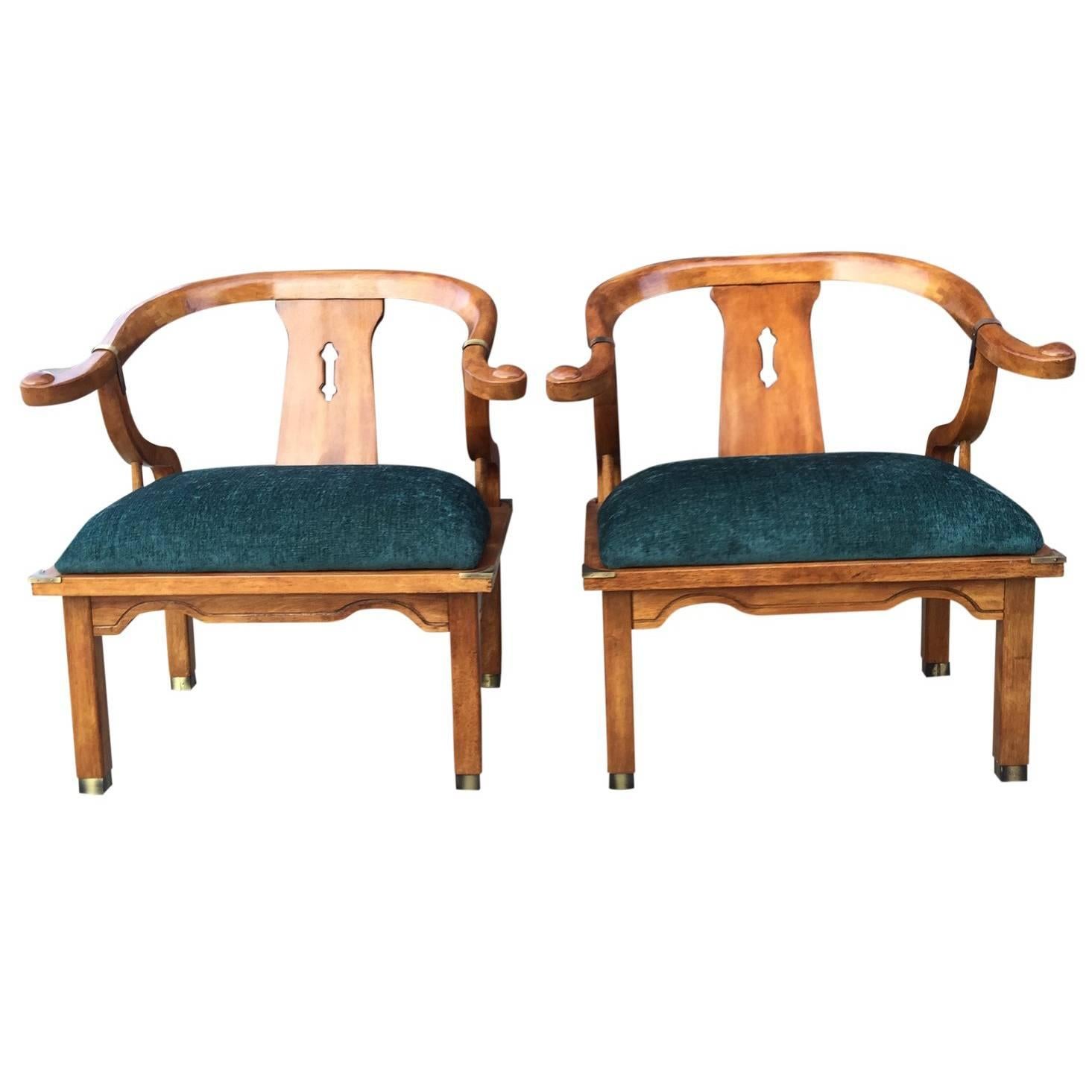 Pair of James Mont for Century Asian Inspired Horseshoe Chairs in Emerald Green