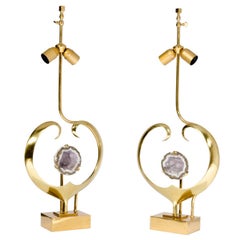 Pair of Lamps in Brass and Amethyst by Willy Daro 
