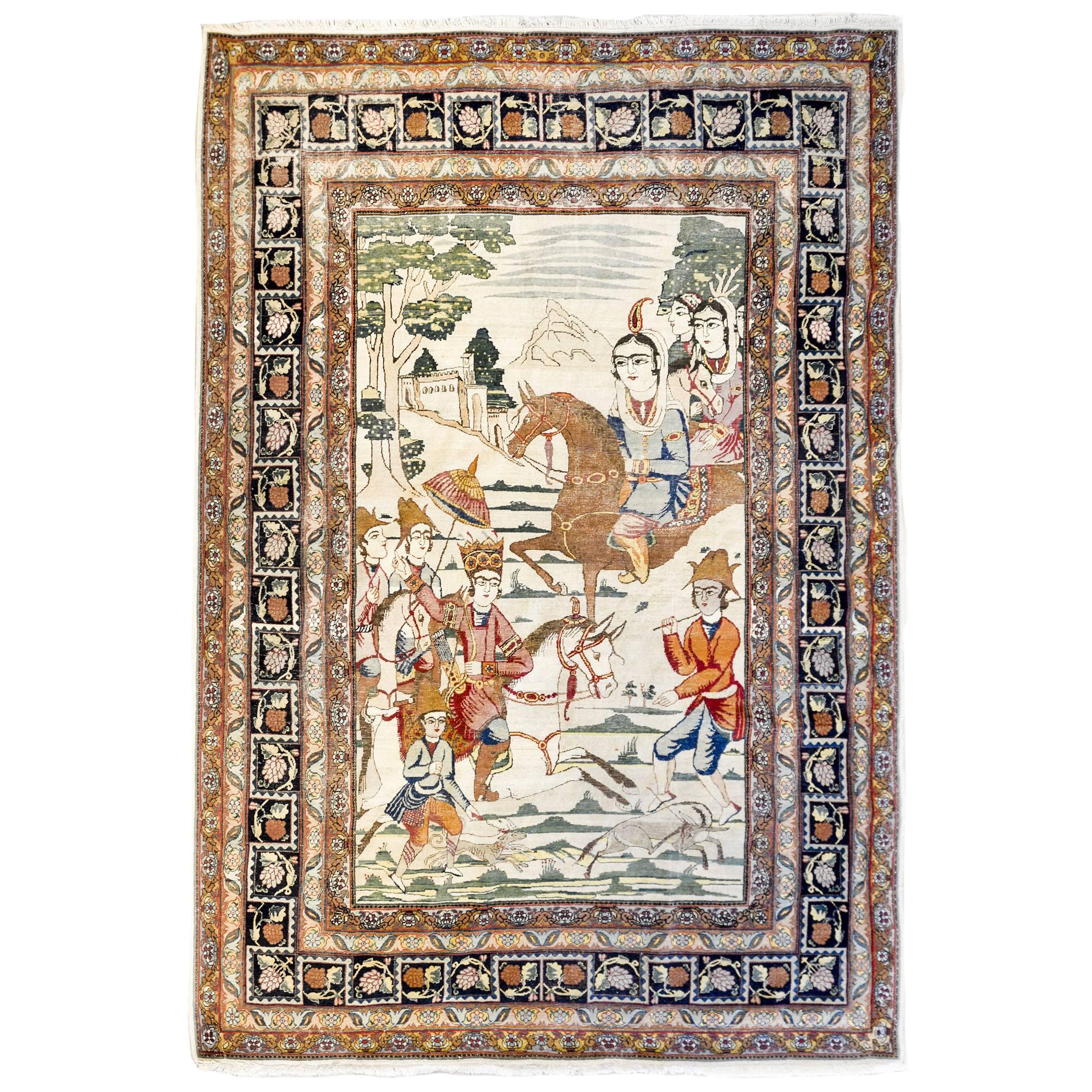 19th Century Lavar Rug Depicting Bahram Gur For Sale
