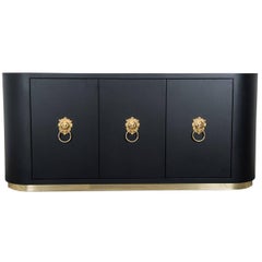 Art Deco Inspired Storage Credenza in Black Matte Lacquer w/ Brass Hardware